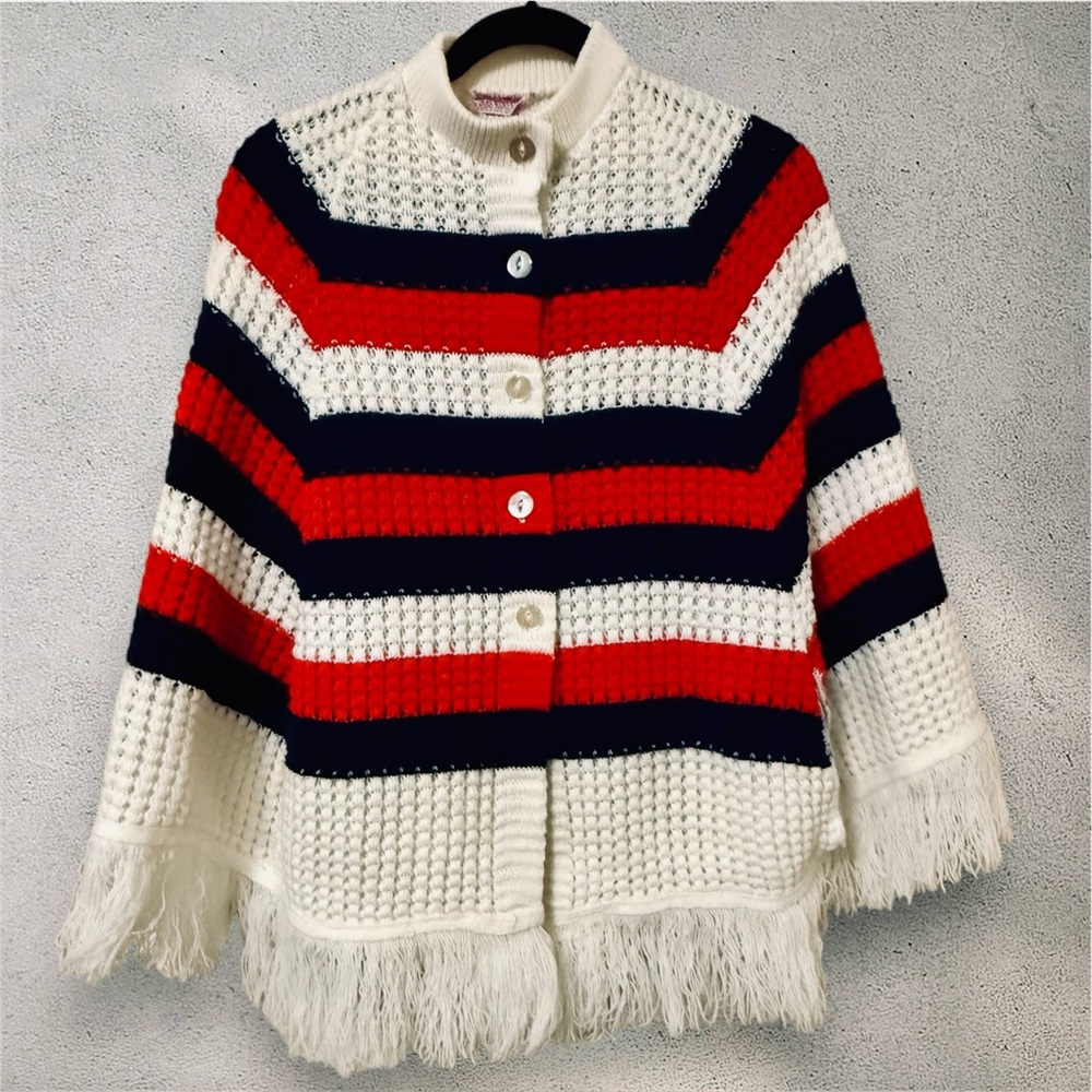 Vintage 70s Miss Scotch English Red White & Blue Knit Poncho Button Down Fringe